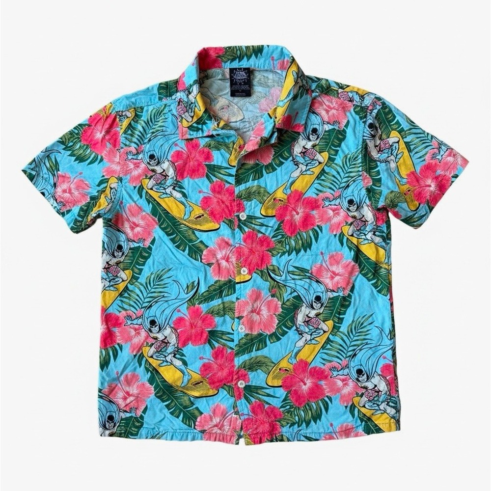Batman Classic TV Series Men's Hawaiian Floral Rayon Woven Shirt S Blue Pink